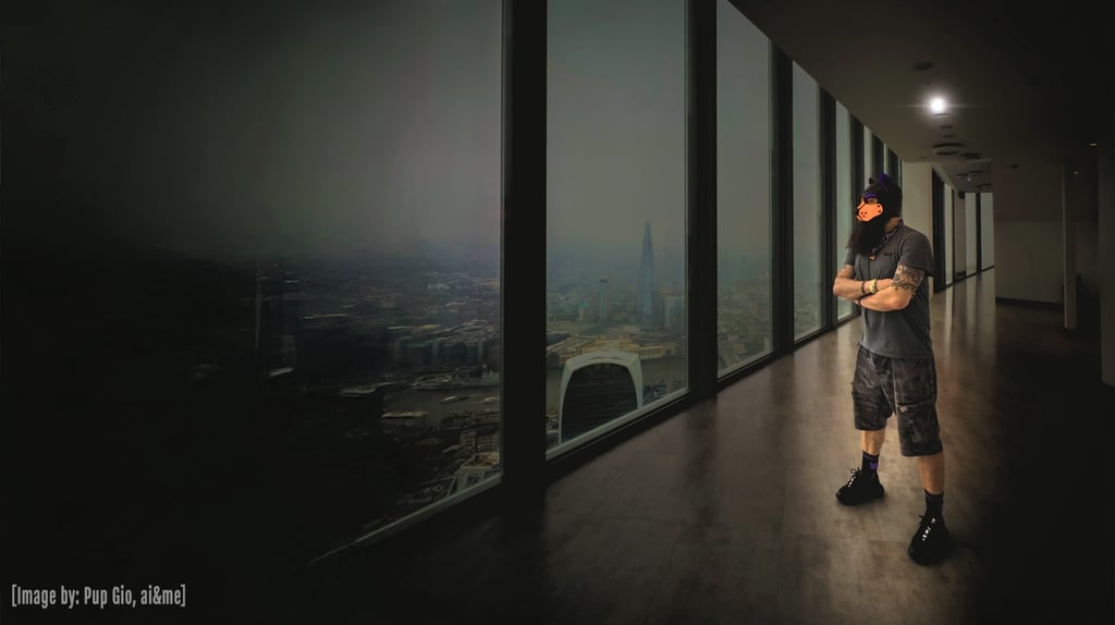 Man in a. pup mask staring out the window at city skyline.