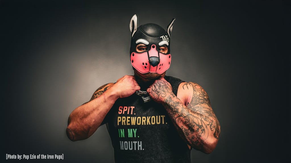 Tato in pup mask with tattoos.