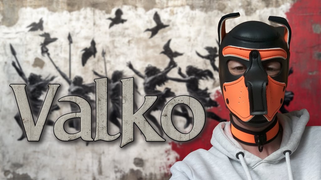 Man posing in a pup mask in front of street art. Name plate: Valko