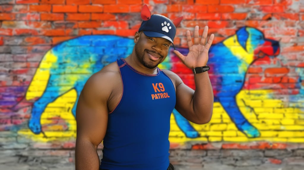 Black man in cap waving in front of a mural of a dog.