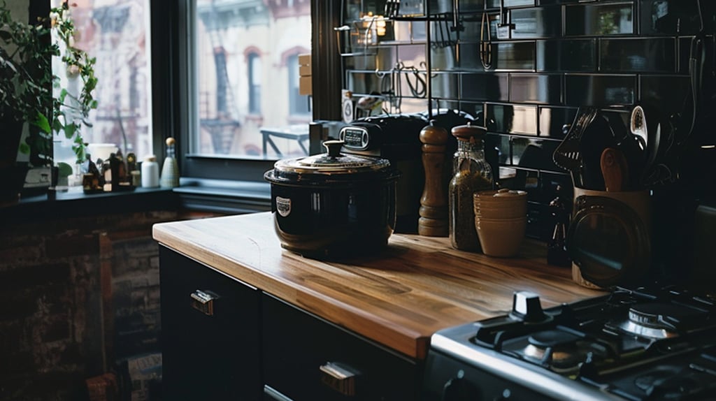 city kitchen with slow cooker and prep counter