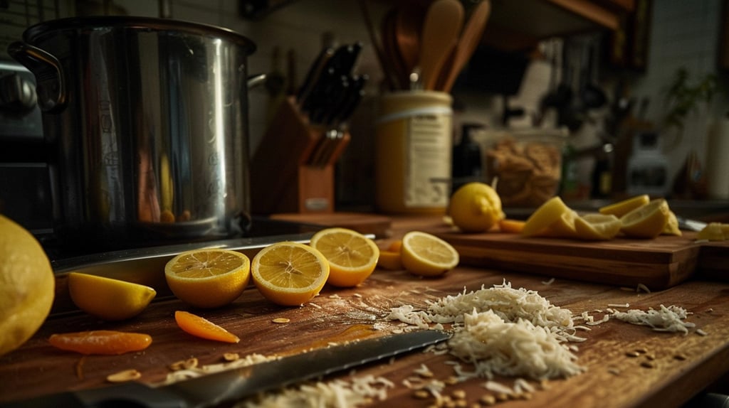 Cheese, lemons and herbs on cutting board in an active kitchen