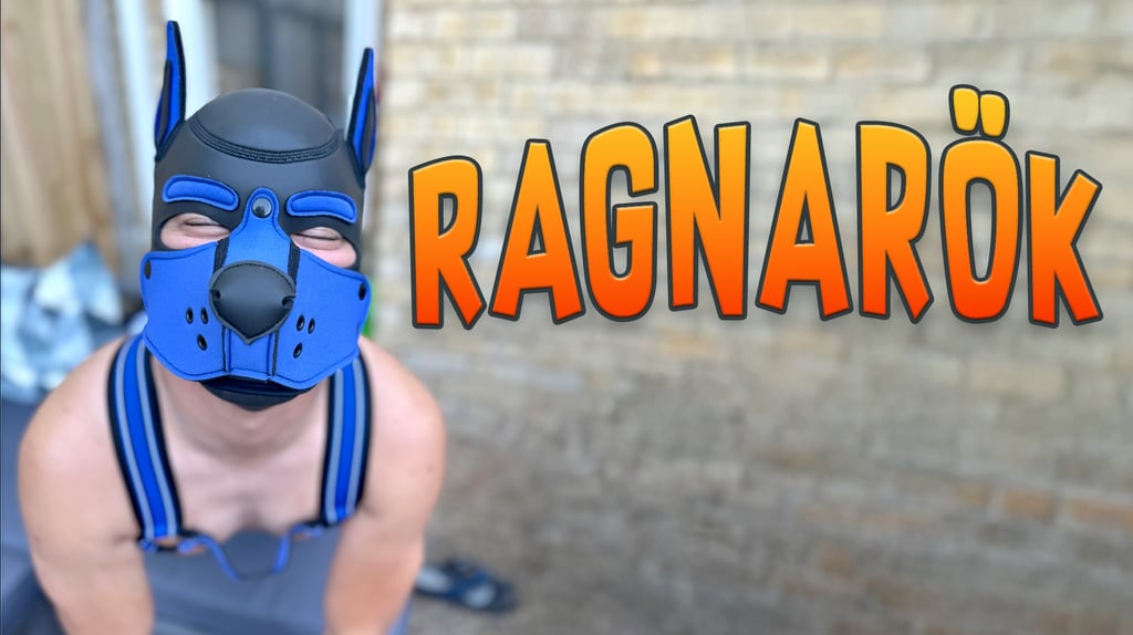 A man posing on his knees wearing a pup mask. RAGNORAK