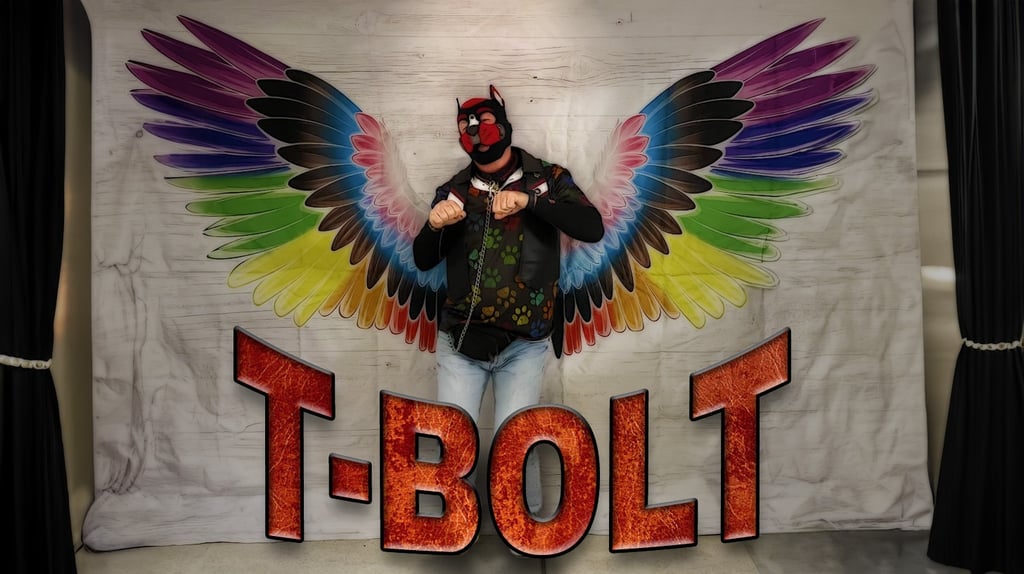 A man poses in front of a mural wearing a pup mask. Name plate: T-BOLT