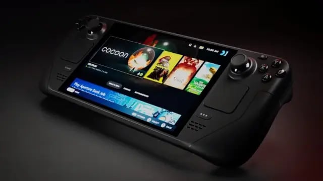 Steam Deck 2 en primer plano flotando con fondo grisaceo efecto AI aparentemente