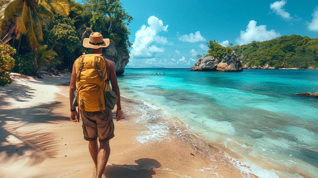 un touriste marche sur la plage