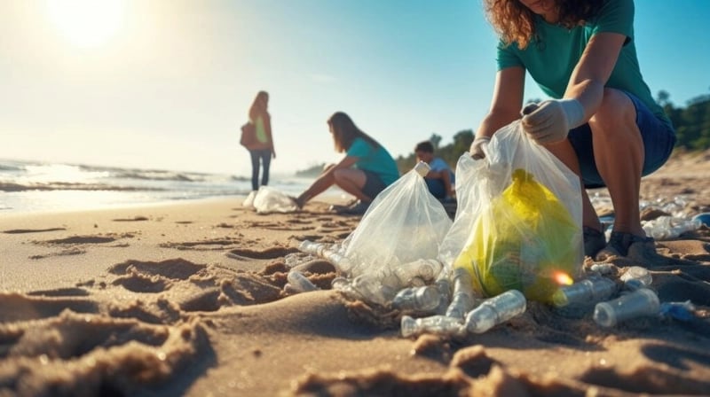 a woman is cleaning up a plastic bag on the beach