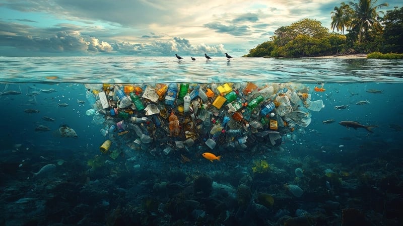 a large amount of plastic bottles are in the water