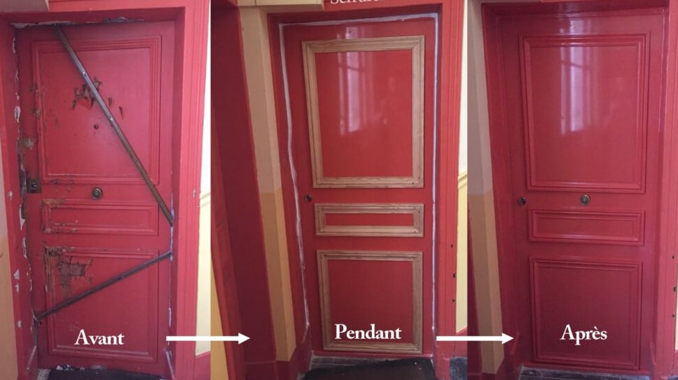 a red door with a sign that says,'the door is open and the