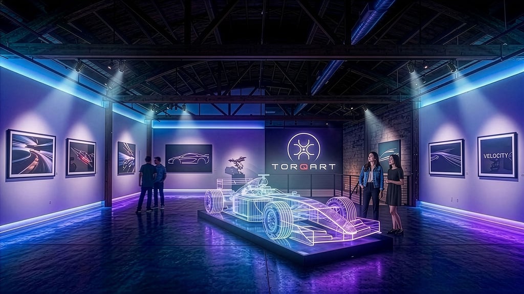 Visitors at an immersive Torqart automotive art gallery featuring a neon wireframe racing car display.
