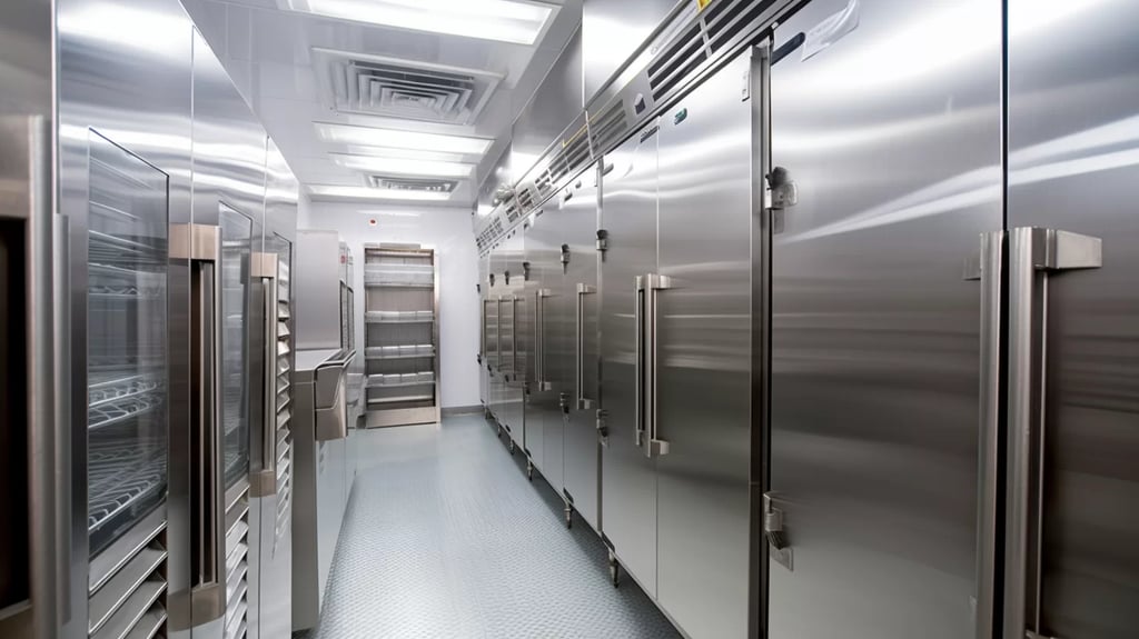 A commercial kitchen featuring rows of stainless steel refrigerators and freezers.