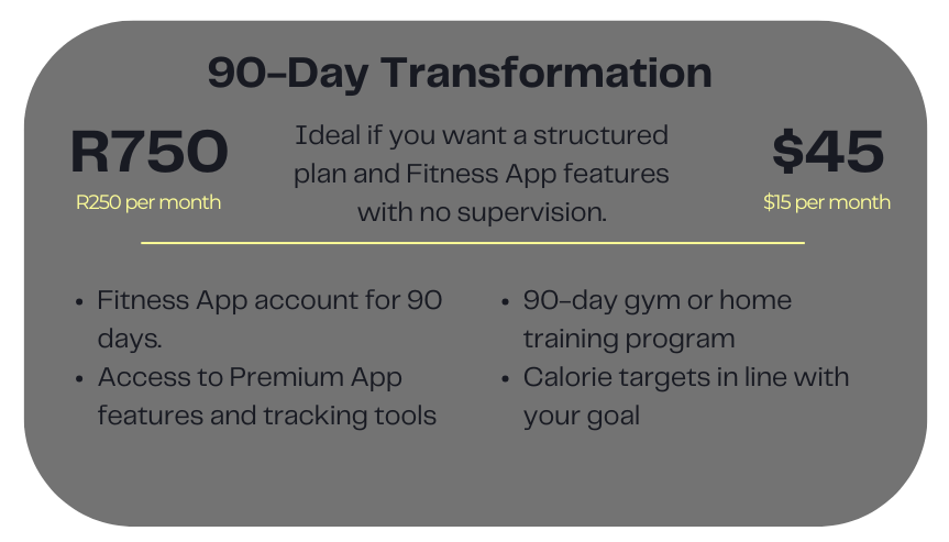 90-day fitness transformation prices by The Fitness Edit South Africa