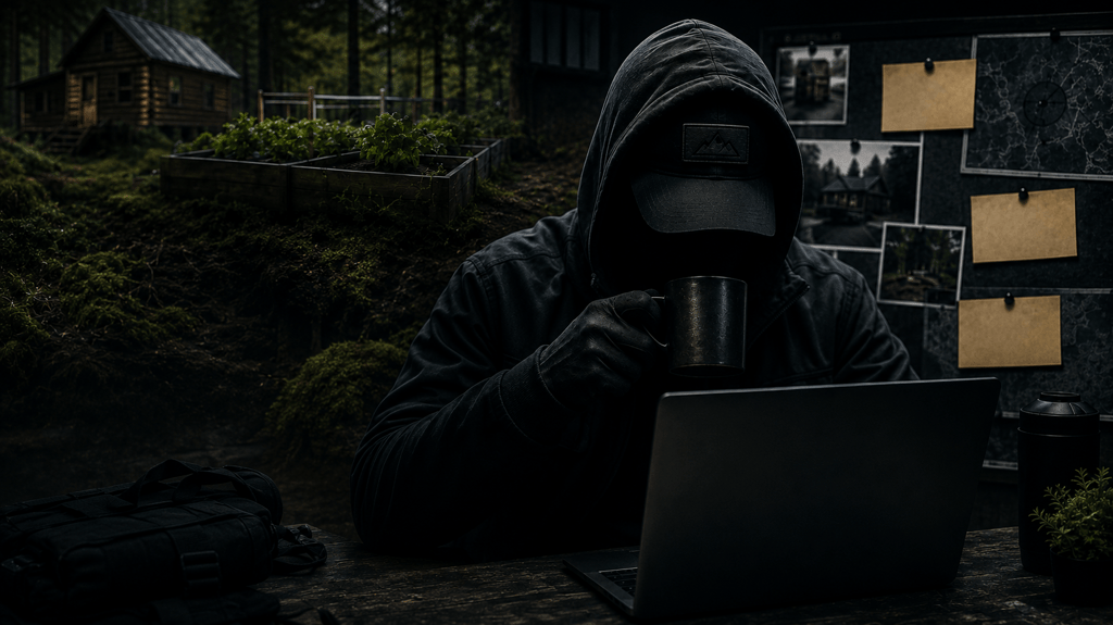 A hooded person using a laptop in a dark forest setting with a log cabin background and evidence board.
