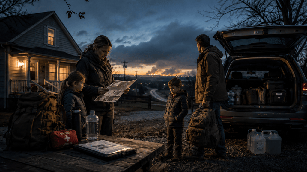 Family packing an SUV with survival gear and emergency supplies while checking a paper map at dusk.