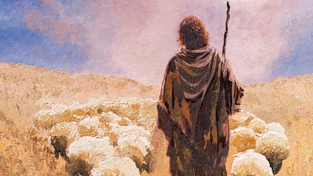 Ultimate Shepherd by Martin Osner an impressionistic painting of a shepherd guiding his flock toward heavenly light.