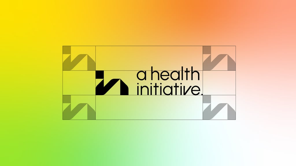 Safe area grid for logo design with a geometric 'HI' icon in neon gradient colors.