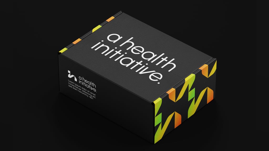Energetic box packaging design with gradient pattern and logo design for 'a health initiative' brand