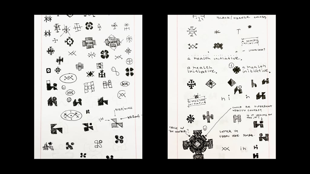 Minimalist logo design hand-drawn sketches on paper.