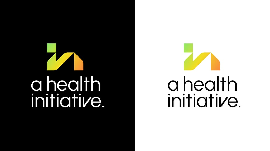 A Health Initiative minimalist logo design with a geometric 'HI' icon in neon gradient colors.