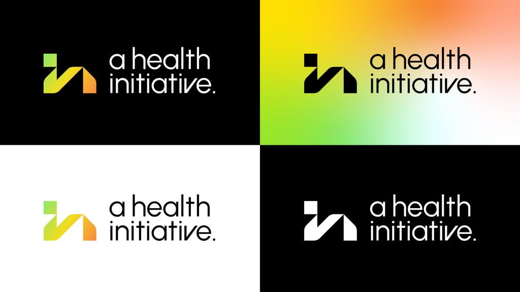 A Health Initiative minimalist logo design with a geometric 'HI' icon in neon gradient colors.