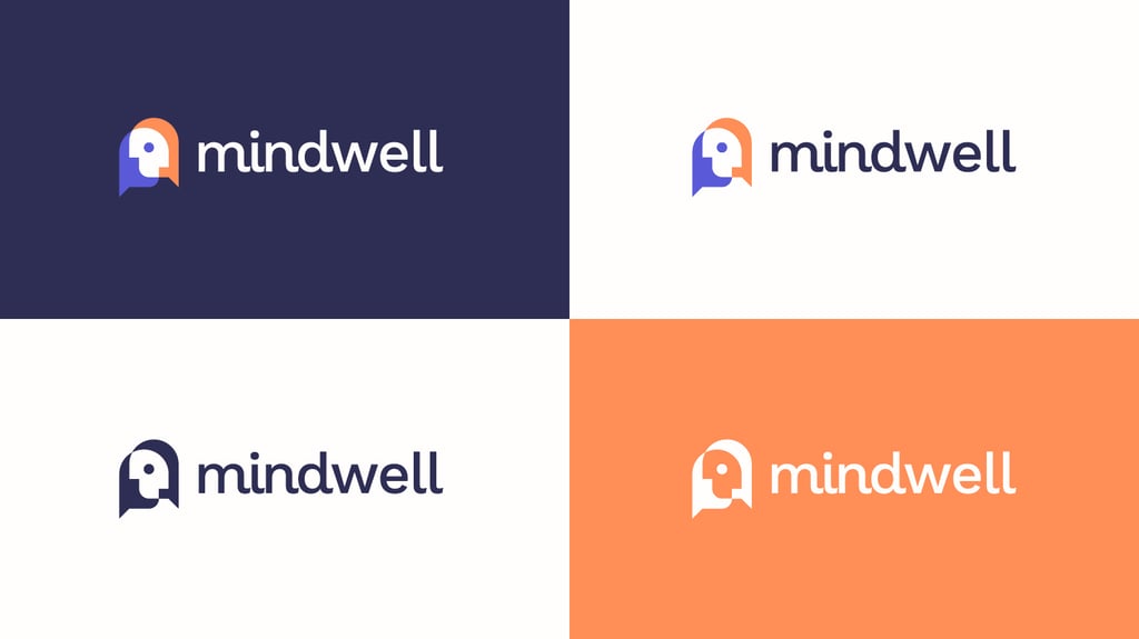Mental health horizontal logo variations on purple and orange background.