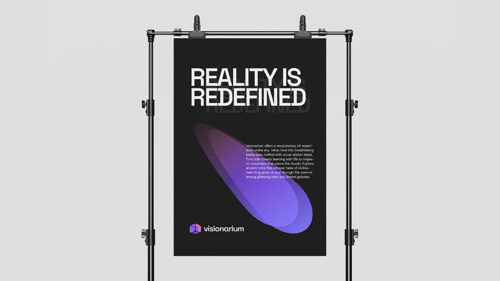 Black and purple contemporary graphic design poster for VR space company.