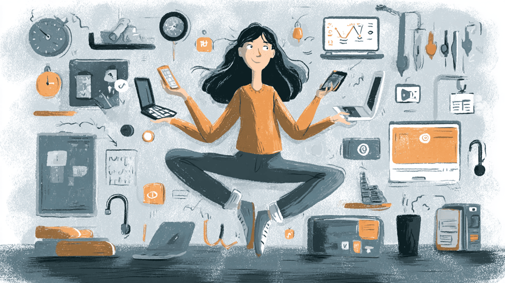a woman sitting on a desk with a laptop and cell phone