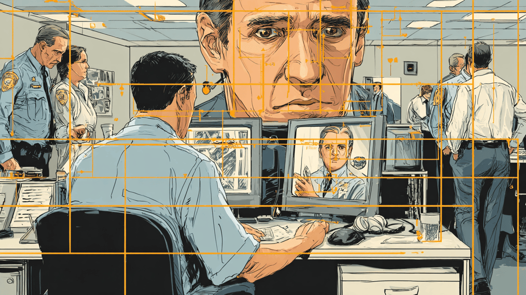 a man in a suit and tie is looking at a television screen