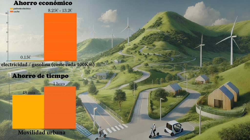 comparacion de ahorro de tiempo y dinero entre un coche y un patinete electrico