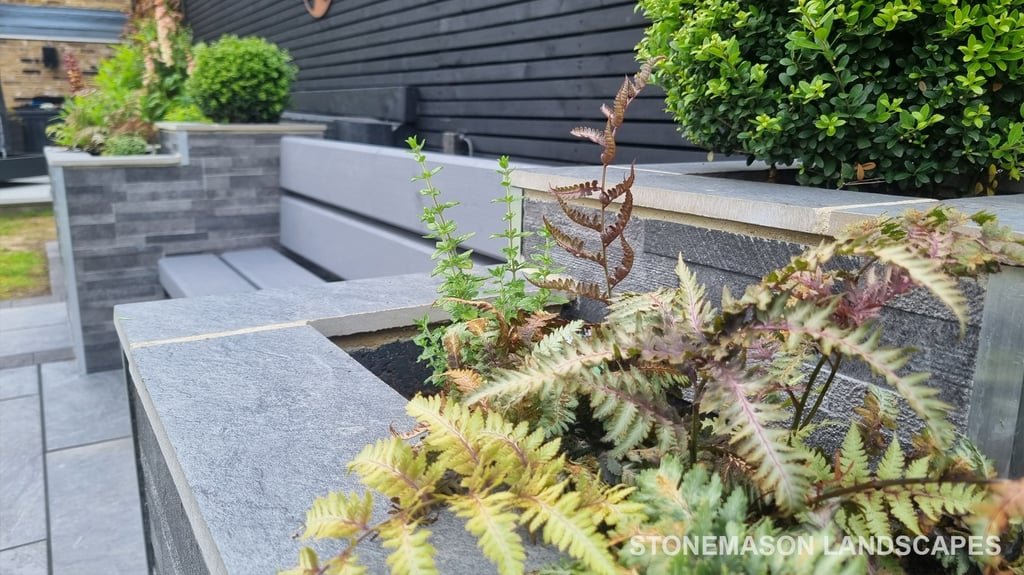 Ultra Modern Chic Dynamic Raised Split Face Planters Porcelain Patio & Bench