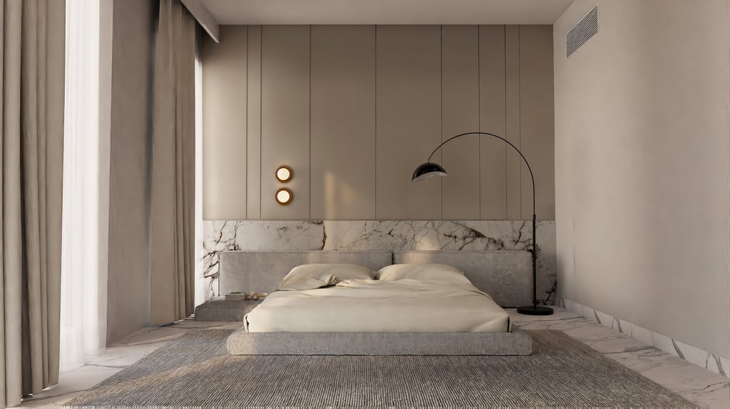 Luxurious minimalist Dubai bedroom in private villa designed by Moori Interiors