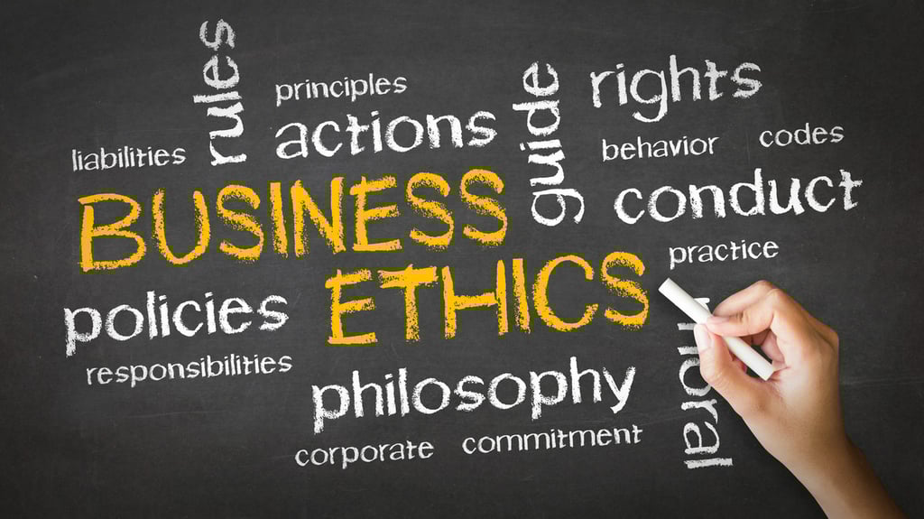 Hand writing business ethics and corporate conduct keywords on a black chalkboard.
