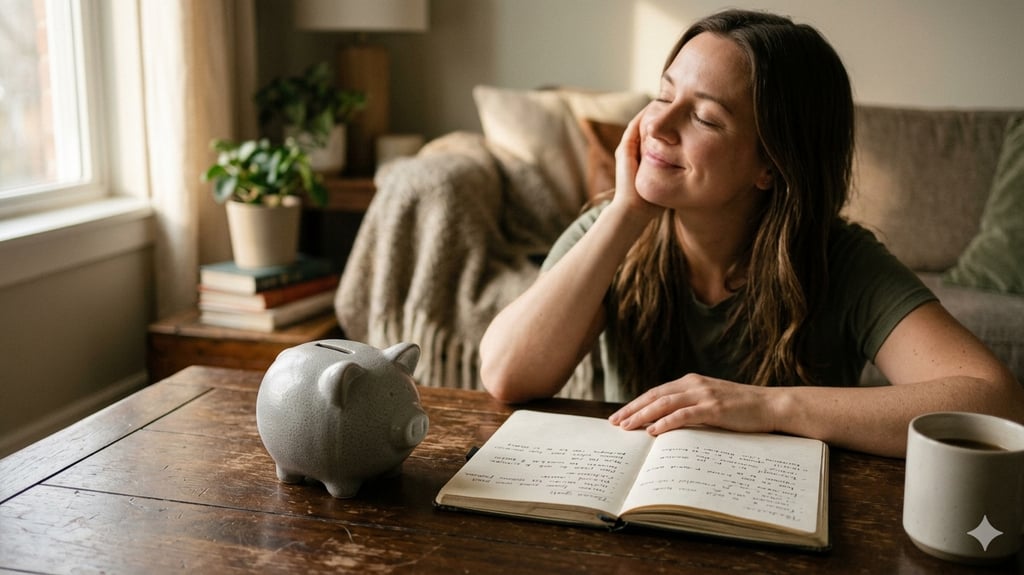 Mulher sorridente e relaxada anotando em um caderno ao lado de um cofre de porquinho.