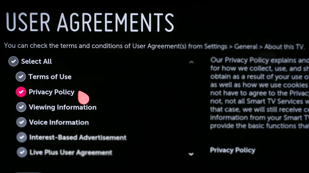 Navigating privacy settings on a smart TV to disable data tracking.