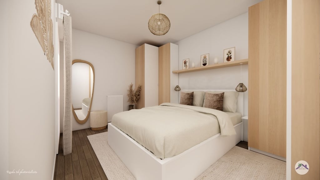 Chambre bohême avec rangement sur mesure autour du lit