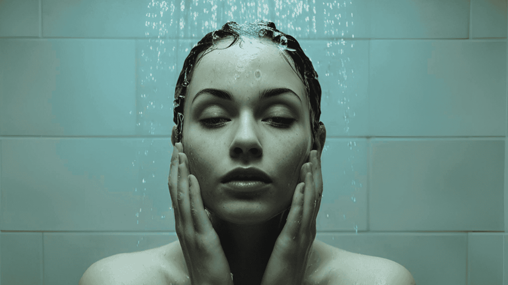 a woman embracing an emotional shower session