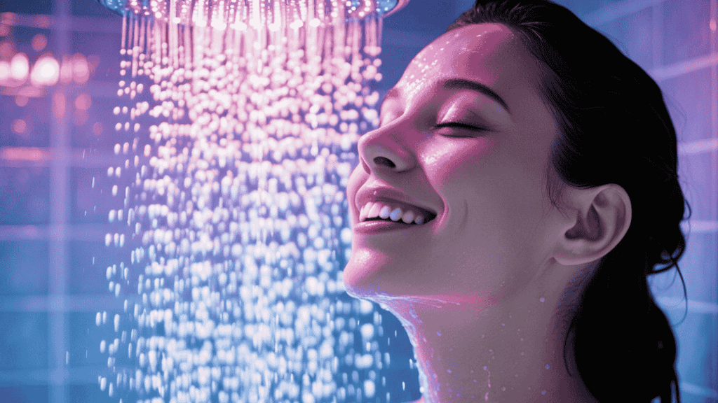 a woman is smiling while she is standing in shower