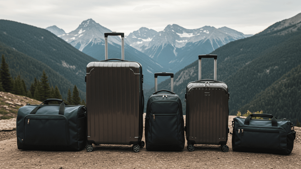 Travel backpack, suitcase, weekender bag, duffel bag with mountain background