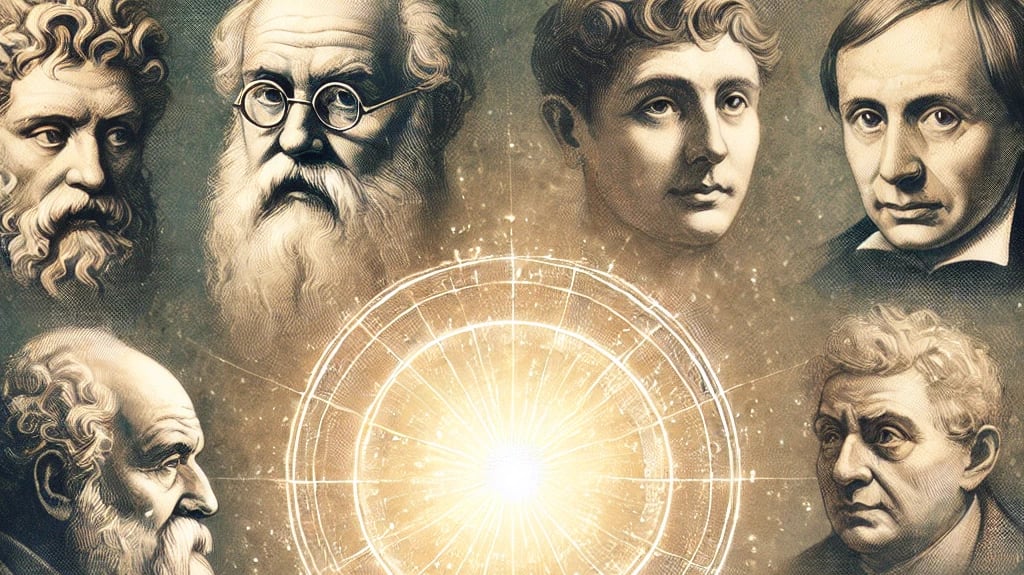 philosophers in a glowing circle—suggesting wisdom radiating across time.