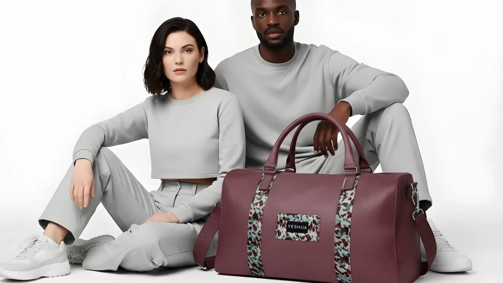 a man and woman sitting on a chair with a handbag
