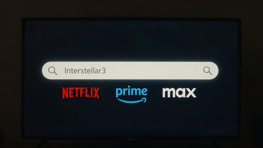 Minimalist user interface mockup of a search bar with the text 'Interstellar' and colorful streaming platform tags for Netflix, Prime, and Max floating underneath, glowing ambient light