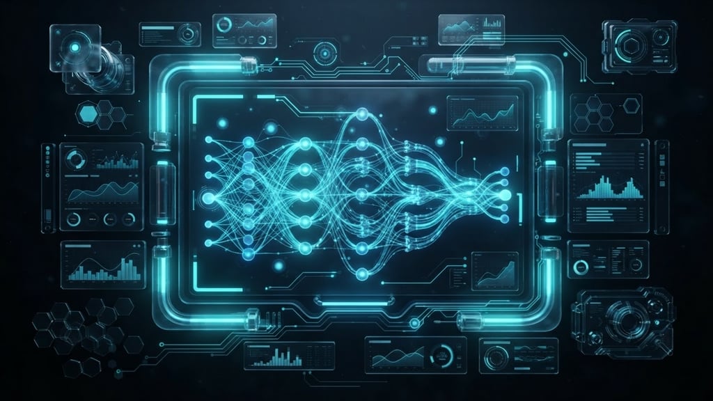 Ultra-detailed glassmorphic software dashboard UI mockup, displaying live database schemas and glowing neural pathways, dark obsidian background, neon cyan light, octane render.