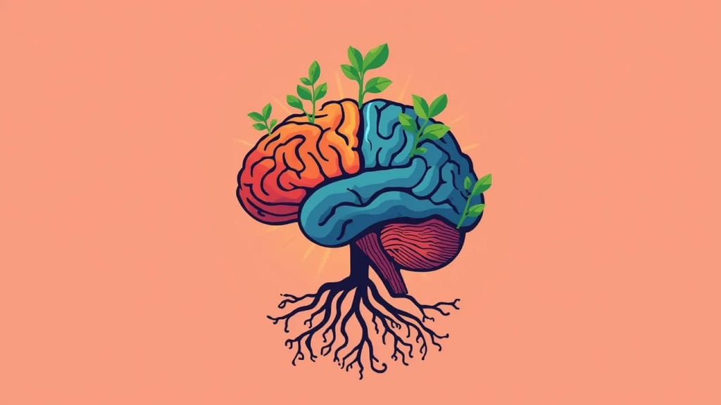 Brain sprouting leaves symbolizing growth mindset and learning, bright modern motivational design.