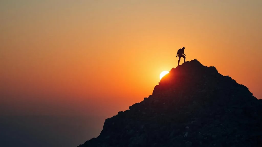 Silhouette of a person climbing a mountain at sunrise, symbolizing growth mindset and progress.