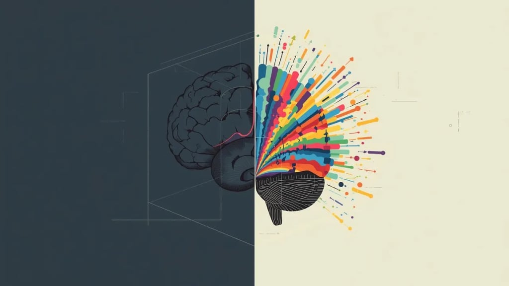 Split brain showing fixed mindset dark side vs growth mindset bright side in infographic style.