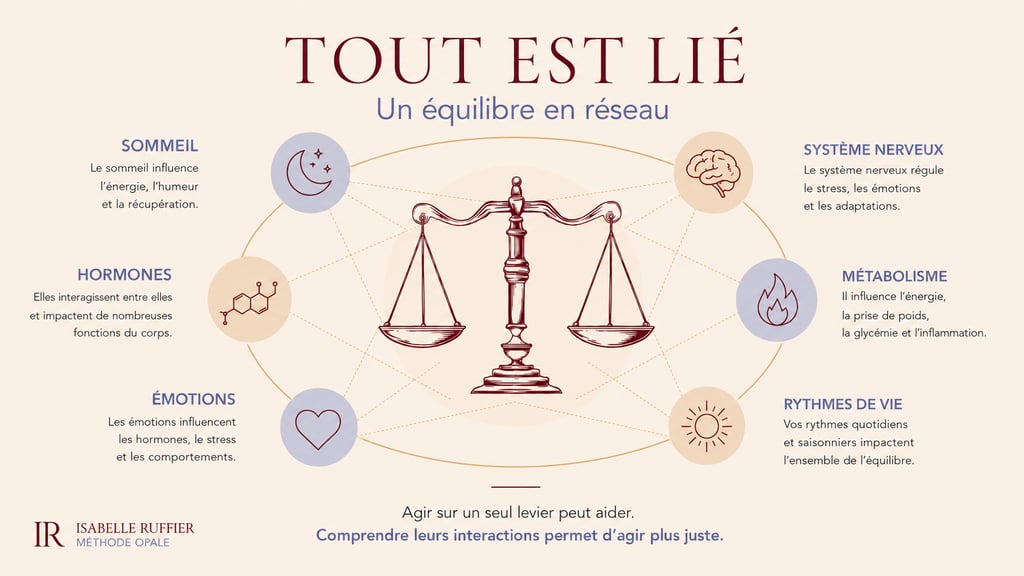 Schéma de l’approche systémique de la Méthode Opale reliant hormones, sommeil, système nerveux, méta