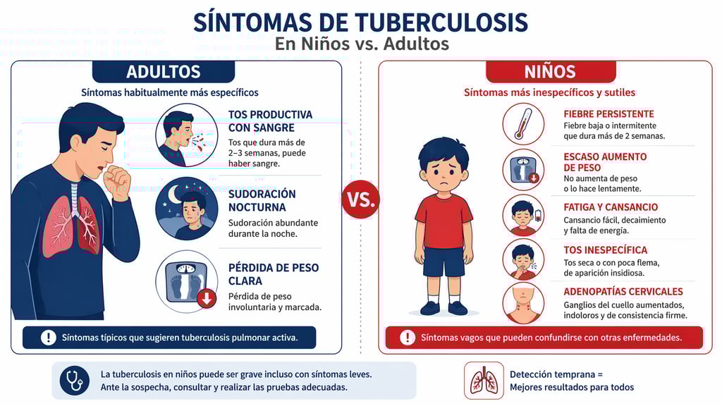 Comparación de síntomas de tuberculosis en adultos versus niños menores de 5 años