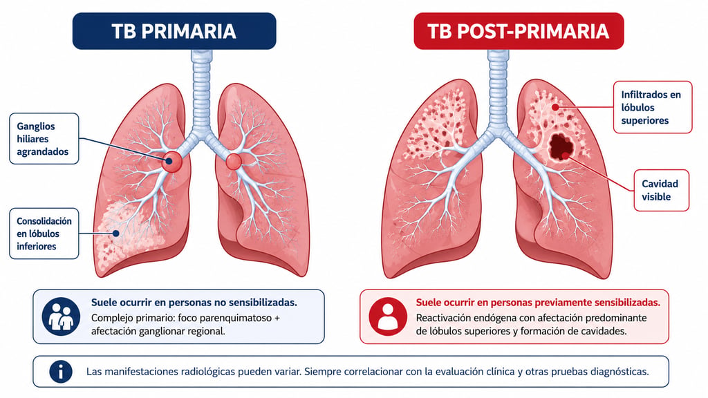 Ilustración de los hallazgos radiológicos típicos de la tuberculosis primaria y post-primaria