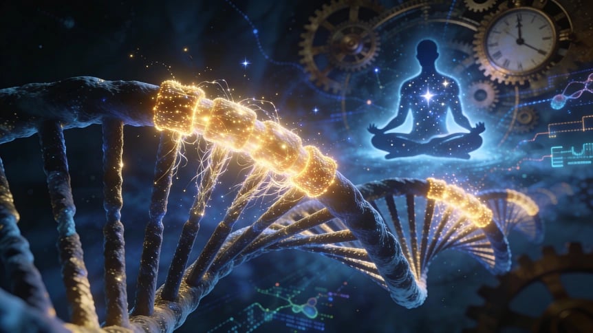 "Conceptual illustration of DNA repair and anti-aging through meditation, featuring a glowing celestial silhouette."