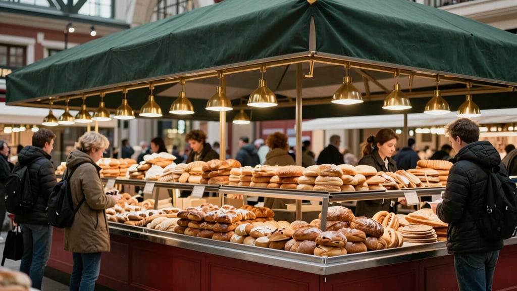 Wide environmental shot of a bustling modern food market hall with warm brass lighting, fresh bread stacked on shelves, and patrons browsing